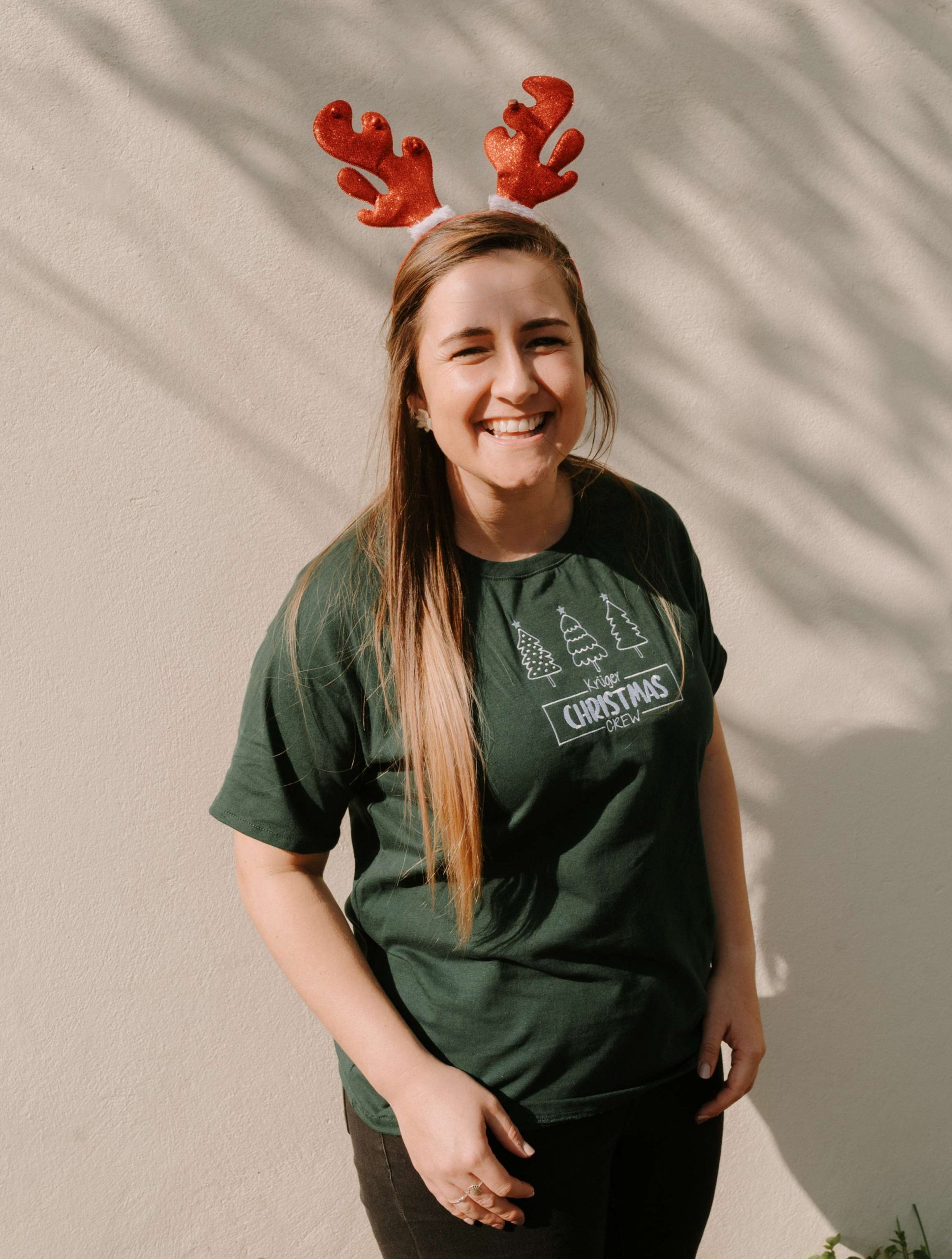 Smiling Woman wearing Christmas Trees Christmas Crew - Adult Personalized Christmas Tee by Dale Raine