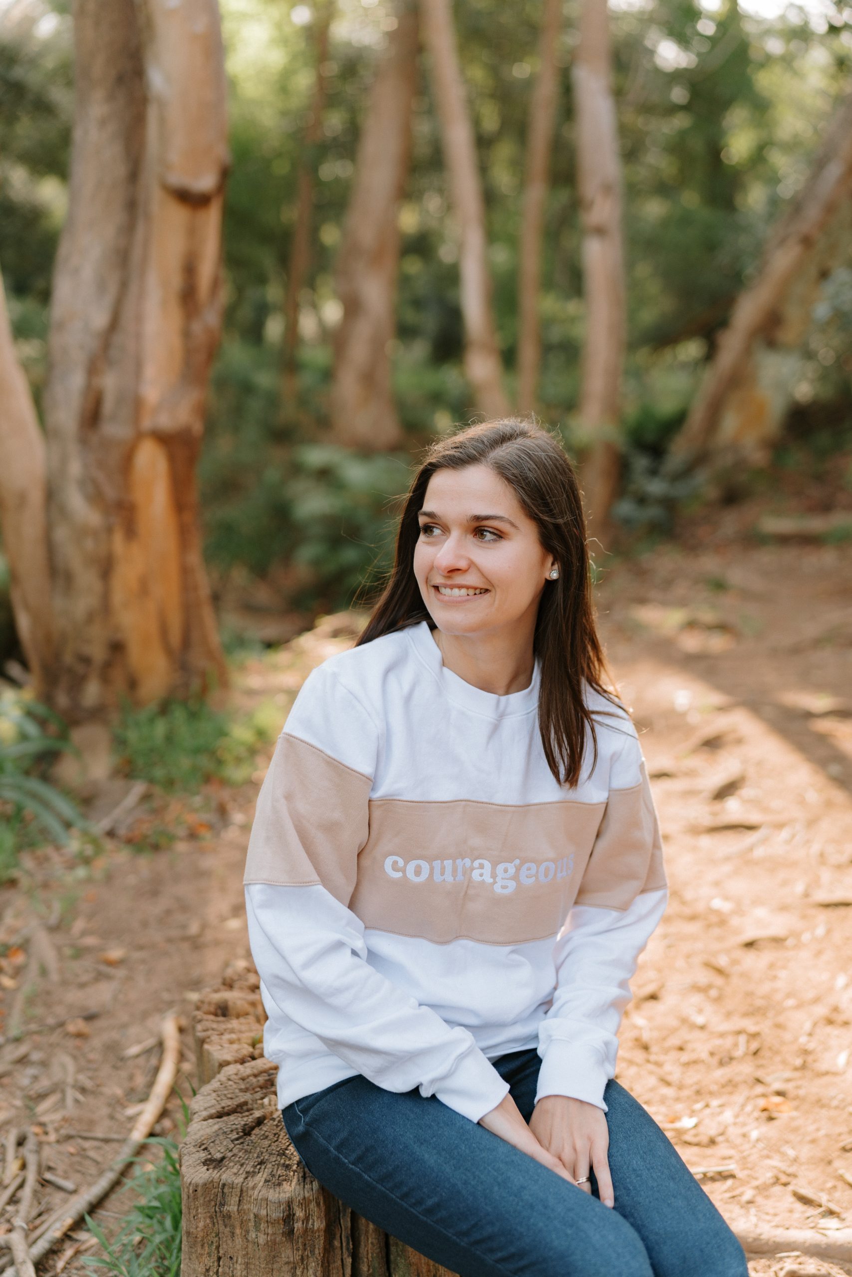 Woman wearing Dale Raine’s comfortable embroidered two-tone sweater, locally handmade in Cape Town for everyday style.