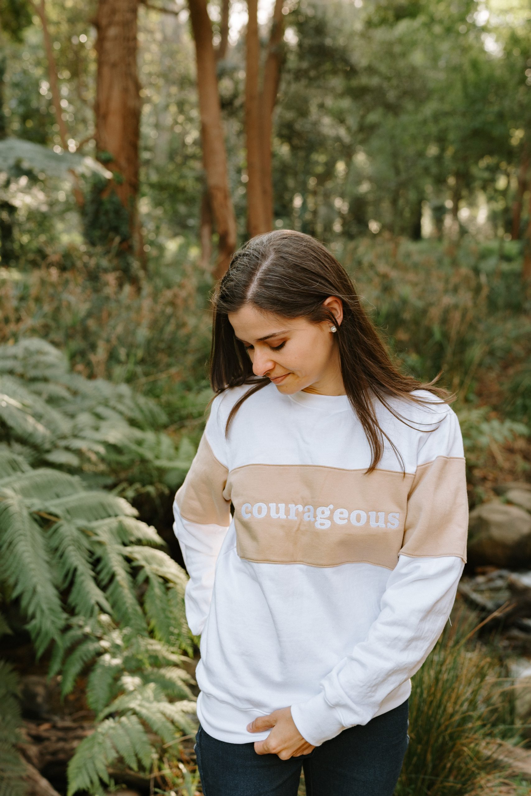 Woman wearing Dale Raine’s comfortable embroidered two-tone sweater, locally handmade in Cape Town for everyday style.