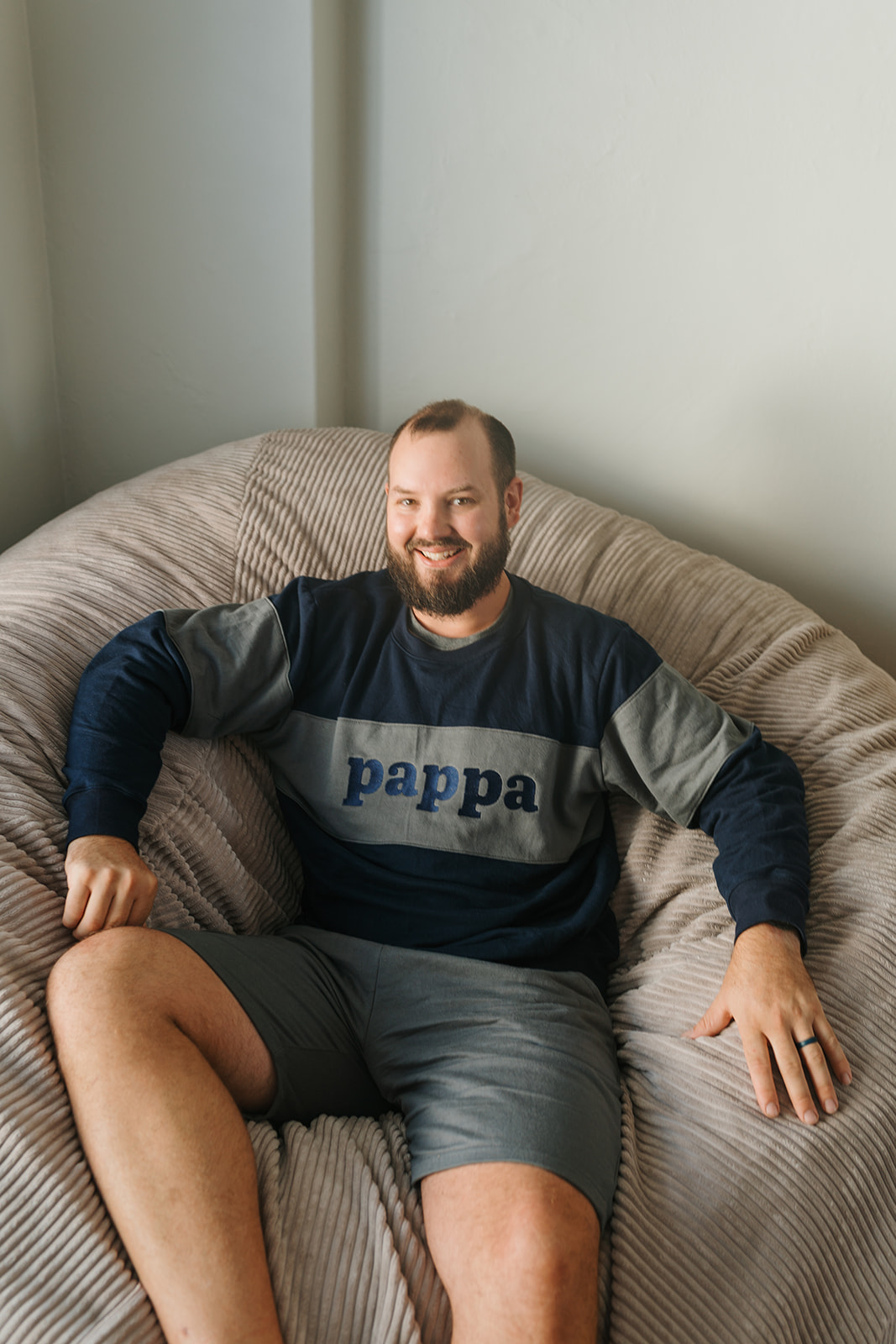 Man wearing Dale Raine’s comfortable embroidered two-tone crew neck sweater, locally handmade in Cape Town for everyday style.