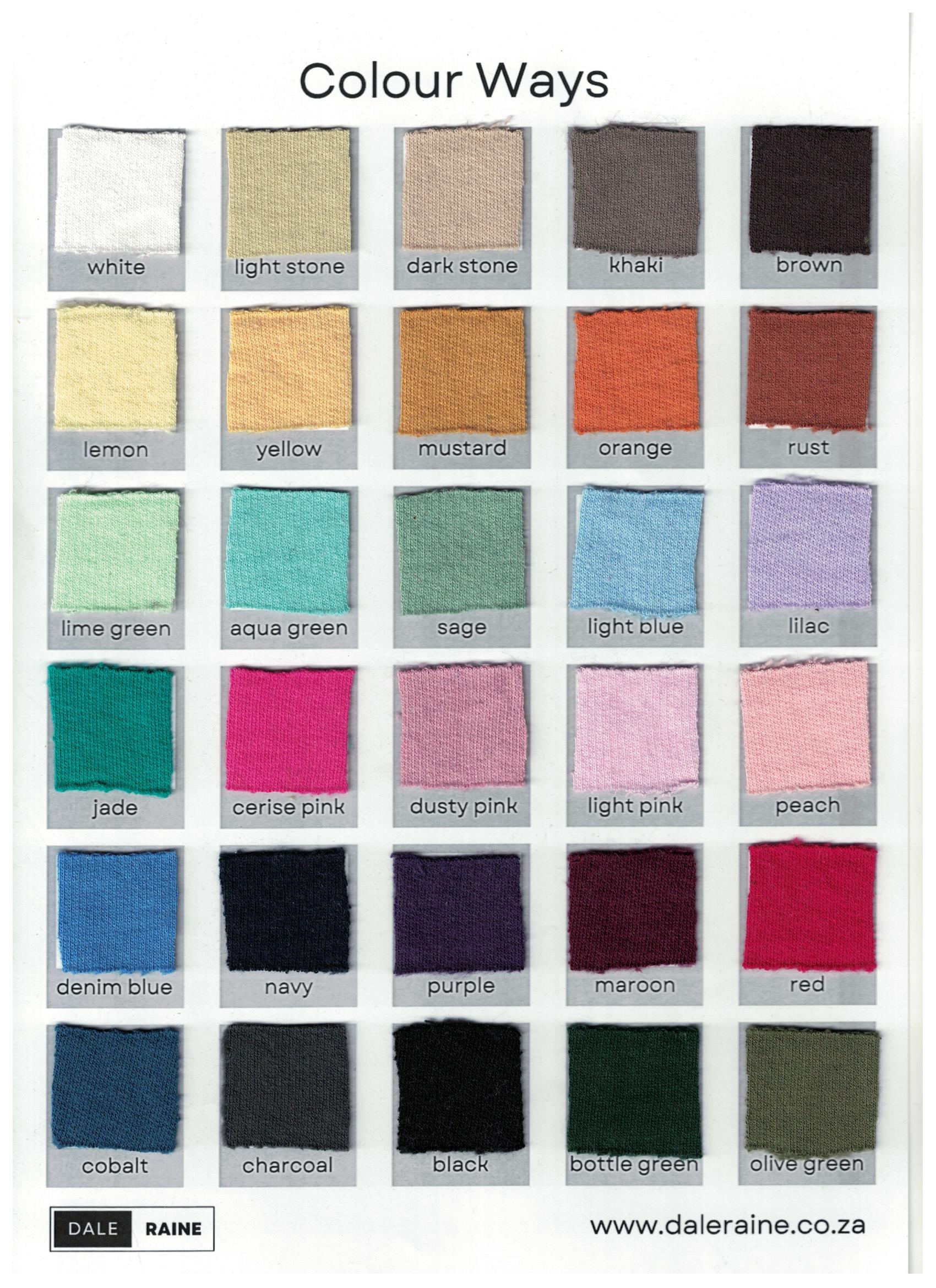 Colour Chart or Guide for Dale Raine 100% cotton sweaters
